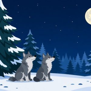 Два хмурых волка сидят у ели в зимнем лесу
