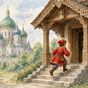 Гонец бежит на крыльцо дворца к царю