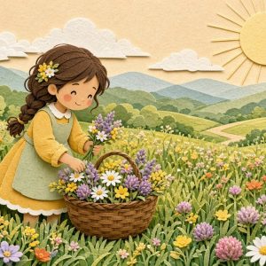Маргарита собирает цветы в лукошко на лугу