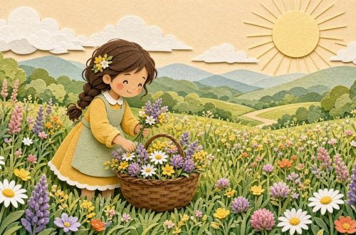 Маргарита собирает цветы в лукошко на лугу