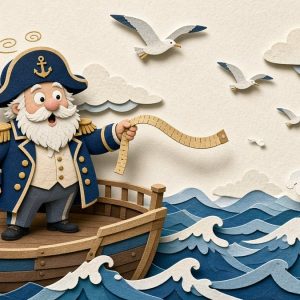 Изумлённый адмирал с сантиметровой лентой на палубе корабля