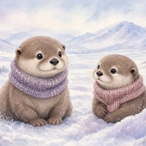 Выдры в шарфах на снегу