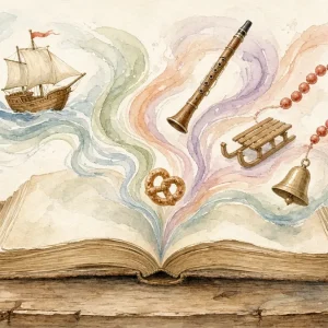 Раскрытая книга, из которой вылетают корабль, кларнет, кораллы, сани и колокольчик