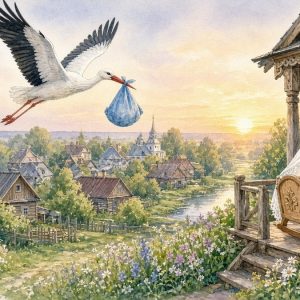 Аист несёт малыша в деревню, на крыльце ждёт колыбель