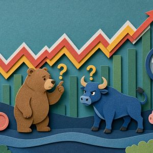 Бык и медведь озадаченно смотрят на график акций