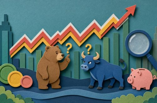 Бык и медведь озадаченно смотрят на график акций