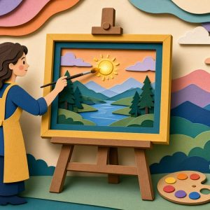 Художница у картины на мольберте