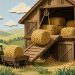 Сено заносят в сени деревянного сарая