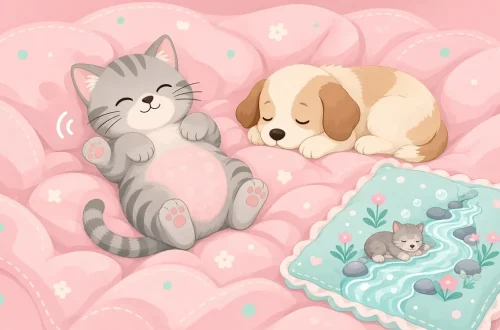 Котик с розовым животиком и спящий щенок на мягком одеяле, иллюстрация к потешке «Розовый животик мурлычет, словно котик»