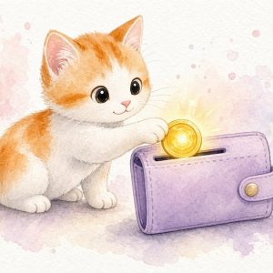 Кот кладёт монету в кошелёк