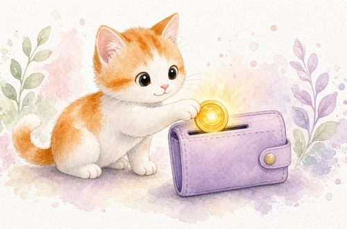 Кот кладёт монету в кошелёк