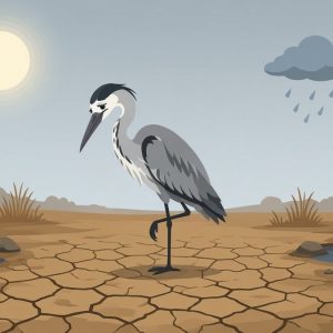 Усталая цапля на пересохшем болоте ждёт дождя