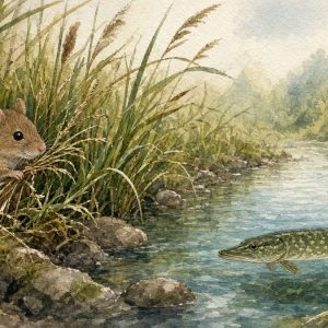 Мышка шуршит в камышах у реки, в воде щука