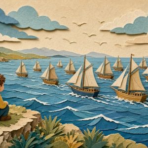Много кораблей лавируют в море, ребёнок смотрит с берега