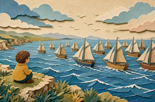 Много кораблей лавируют в море, ребёнок смотрит с берега