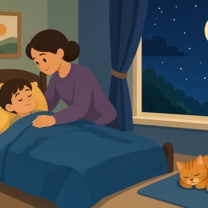 Мама укладывает ребёнка спать, в окне луна