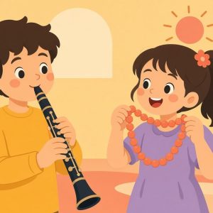Карл играет на кларнете, Клара держит кораллы