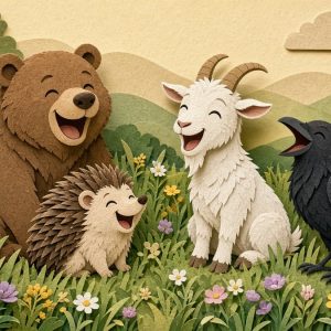 Весёлые звери на поляне: медведь, ёжик, коза и ворона