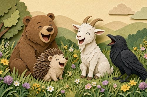 Весёлые звери на поляне: медведь, ёжик, коза и ворона