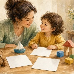 Мама с ребёнком занимаются за столом с карточками и игрушками