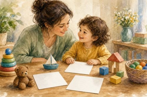Мама с ребёнком занимаются за столом с карточками и игрушками