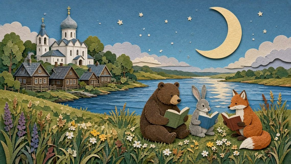 Медведь, заяц и лиса читают стихи на берегу реки у городка