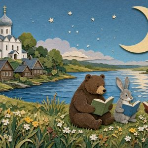 Медведь, заяц и лиса читают стихи на берегу реки у городка