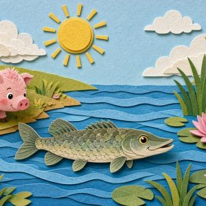Щучка в чешуе плывёт в реке, на берегу щетинистая чушка