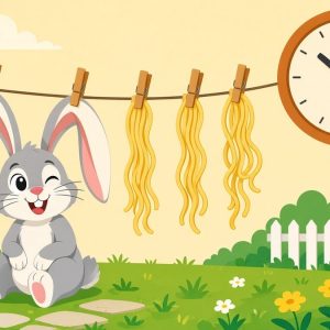 Заяц сушит длинные уши на бельевой верёвке