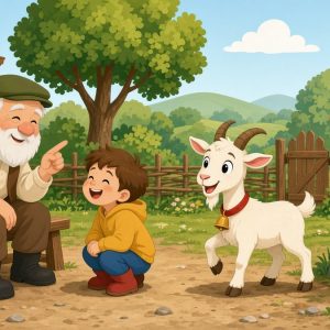 Дедушка шутит с внуком, рядом коза и петух