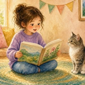Девочка читает потешку коту