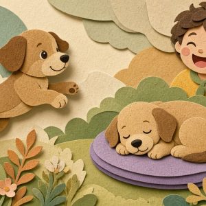 Ребёнок смеётся рядом со щенками: один спит, другой прыгает