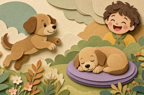 Ребёнок смеётся рядом со щенками: один спит, другой прыгает