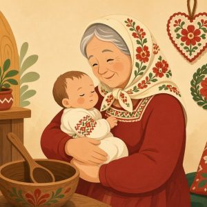 Бабушка нянчит малыша в уютной избе