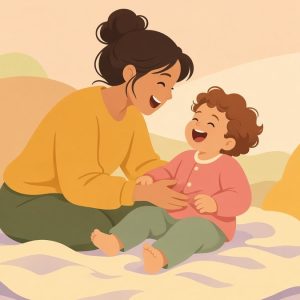 Мама играет с малышом на одеяле, оба смеются