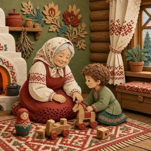 Бабушка с внуком играют у русской печи