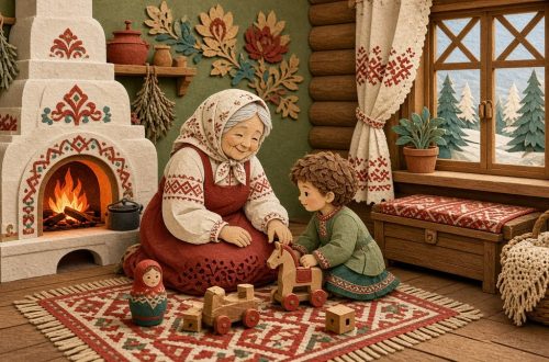 Бабушка с внуком играют у русской печи