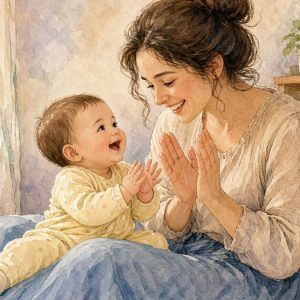 Мама играет с малышом на коленях в ладушки