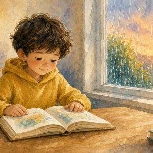 Первоклассник читает книгу закличек у окна, за окном солнце и дождь