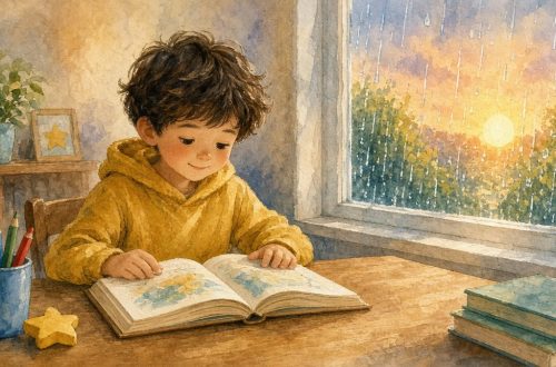 Первоклассник читает книгу закличек у окна, за окном солнце и дождь