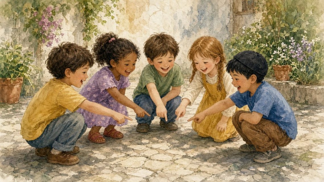 Дети во дворе смеются и считаются в кругу