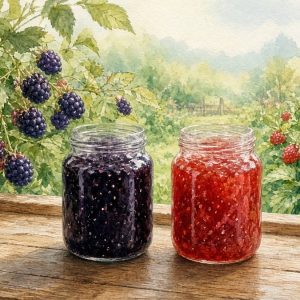 Банки ежевичного и земляничного варенья