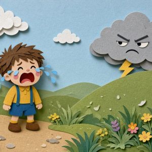 Мальчик ревёт, а грозовая туча прячется за бугром