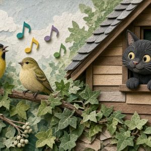 Чиж поёт чижихе, чёрный кот слушает с чердака