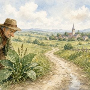 Строгий прохожий собирает подорожник у дороги