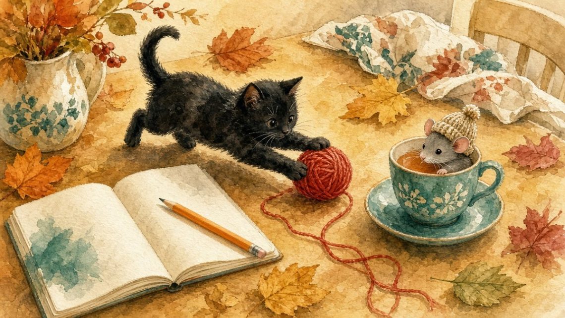 Котёнок с клубком и мышка в шапке у тетрадки: сочиняем потешку и скороговорку