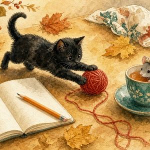 Котёнок с клубком и мышка в шапке у тетрадки: сочиняем потешку и скороговорку