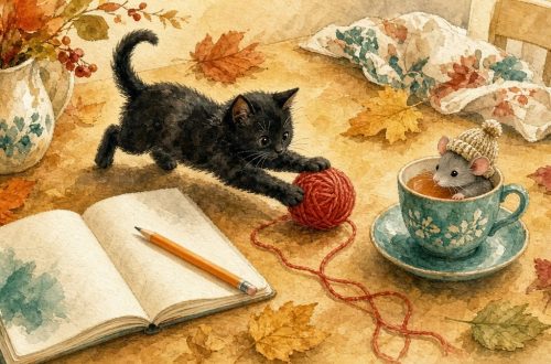 Котёнок с клубком и мышка в шапке у тетрадки: сочиняем потешку и скороговорку