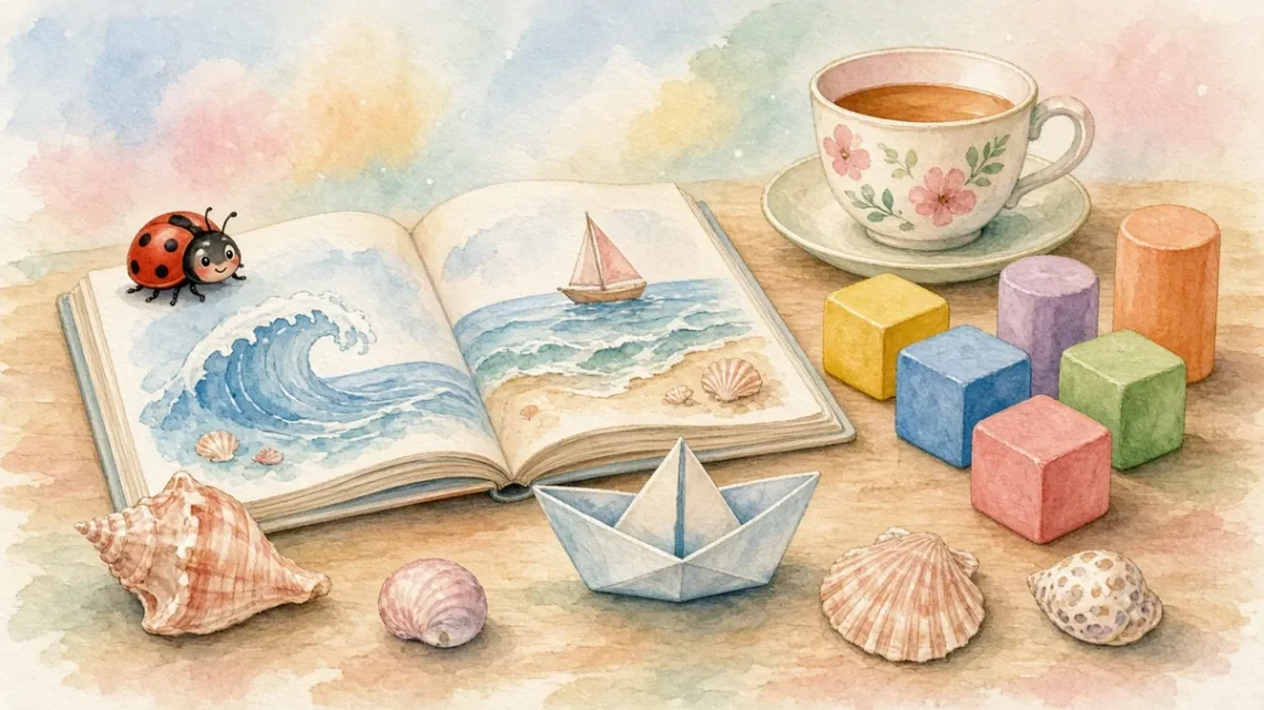 Акварельная книжка с морем, бумажный кораблик и ракушки для английских скороговорок