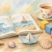 Акварельная книжка с морем, бумажный кораблик и ракушки для английских скороговорок